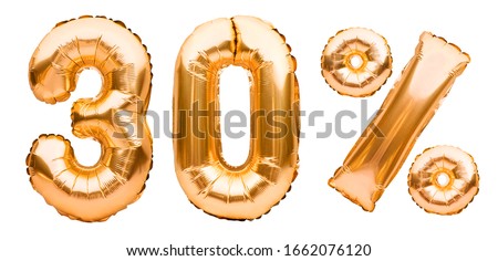 Golden thirty percent sign made of inflatable balloons isolated on white. Helium balloons, gold foil numbers. Sale decoration, black friday, discount concept. 30 percent off, advertisement message.