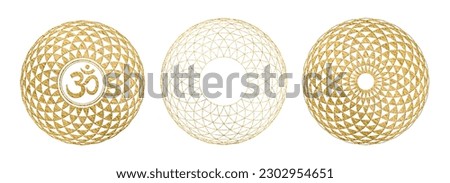 golden torus yantra or lotus flower in three variations, with and without aum, om or ohm symbol - isolated yoga, meditation, or sacred geometry design element with gold texture	