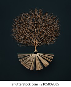 Golden Tree Growing From The Old Book, Education And Knowledge Concept. Flat Lay.