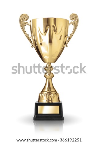 Golden trophy cup, empty plate. Isolated on white