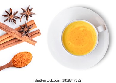 Golden Tumeric Milk, Tea (turmeric Latte) In White Ceramic Cup With Curcumin Powder And Cinnamon Spice Isolated On White Background. Top View. Flat Lay.