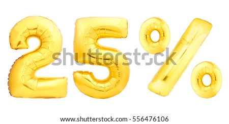 Golden twenty five 25 percent made of inflatable balloons isolated on white background. One of full percentage set
