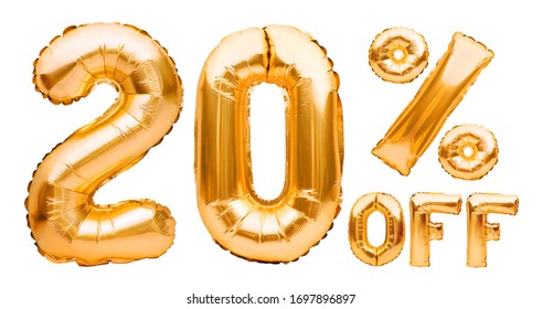 Golden twenty percent sale sign made of inflatable balloons isolated on white. Helium balloons, gold foil numbers. Sale decoration, black friday, discount concept. 20 percent off, advertisement. - Shutterstock ID 1697896897