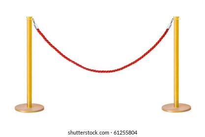 Golden Velvet Rope Barrier Isolated On White Background
