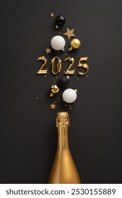 Golden vertical champagne bottle with festive decorations forming the number 2025 on a dark background, celebrating the new year