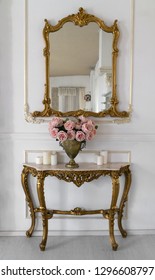 Golden Vintage Vanity Mirror And Golden Table 