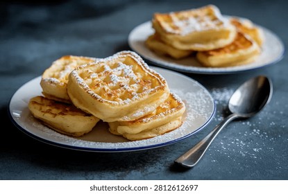 Golden waffles, generously dusted with powdered sugar, are neatly stacked on two white plates with blue rims, accompanied by a silver spoon on a dark textured surface.