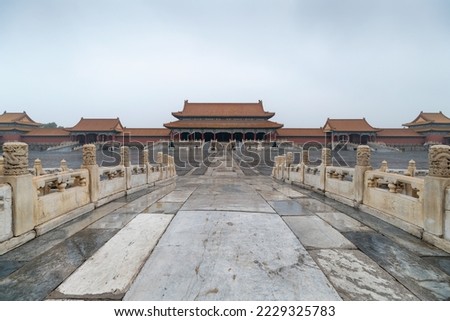 The Golden Water Bridge to the big courtyard in front of the Gate of Supreme Harmony in a cloudy day. Photoed in the Forbidden City, Beijing China.