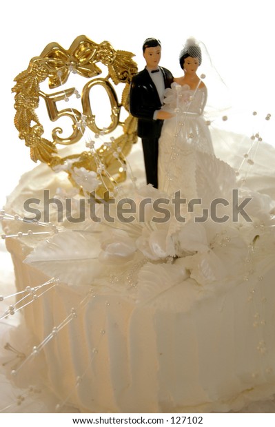 Golden Wedding Anniversary Cake Isolated People Food And Drink
