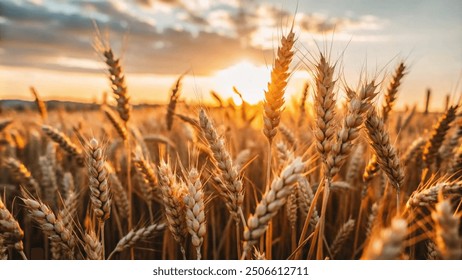 A golden wheat field bathed in warm hues as the sun sets on the horizon, creating a serene and picturesque landscape - Powered by Shutterstock