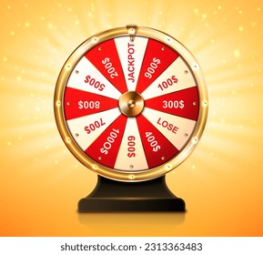 Golden wheel of fortune for lottery game or casino. Chance to win prize in lucky roulette. Vector realistic illustration of gold fortune wheel with money numbers and jackpot on shiny background
