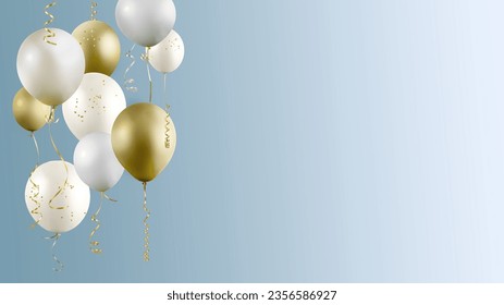 Golden and white balloons bunch on blue background. Celebration invitation festive background