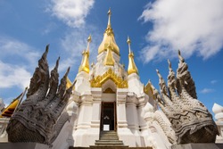 Golden And White Pagoda At Wat Tham Khuha Sawan Temple, Khong Chiam Distric, Ubon Ratchathani Province, Thailand 