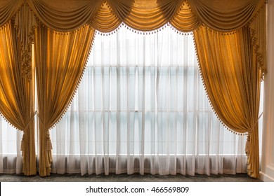 Golden And White See Through Curtain In Luxury Style.