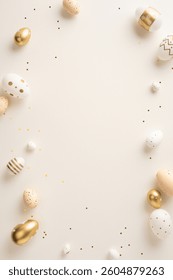 Golden and white vertical Easter eggs arranged on a beige surface with confetti, creating a festive and elegant atmosphere, perfect for holiday celebrations or chic decorations