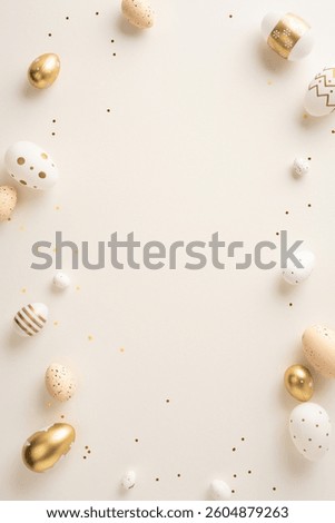Golden and white vertical Easter eggs arranged on a beige surface with confetti, creating a festive and elegant atmosphere, perfect for holiday celebrations or chic decorations
