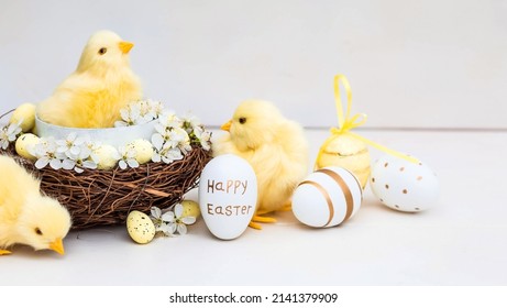 Golden, yellow, white eggs in a bird's nest, cherry blossom branches and cute yellow chickens on a white wooden background. Minimal concept. Easter card 2022 with a copy of the place for the text.