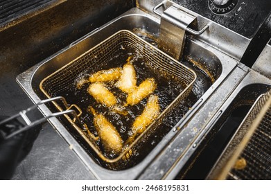 Golden-brown food items being deep-fried in a metal basket submerged in hot oil inside an industrial kitchen fryer. - Powered by Shutterstock