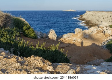 Golden-hour light bathes the rocky coastline, highlighting lush greenery against the vibrant blue sea. - Powered by Shutterstock