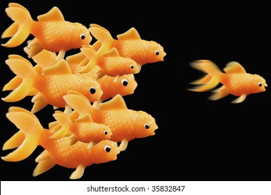 Goldfish Ahead Of The Race On A Black Background