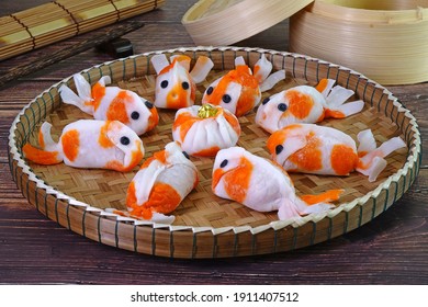 Goldfish Shaped Shrimp Dumplings (Ha Gow) Auspicious Food For Chinese New Year. Dim Sum, Selective Focus