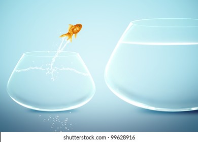 goldfish in small fishbowl watching goldfish jump into large fishbowl