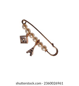 Gold-plated safety pin brooch with a chain made of pearl beads and charms.