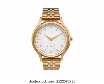 Gold-tone wristwatch with a minimalist white dial featuring three hands and a small subdial, complemented by a matching metal bracelet for an elegant and stylish appearance. - Powered by Shutterstock