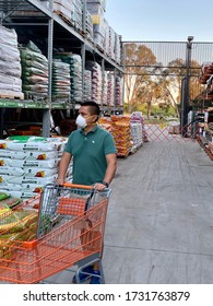 GOLETA, CA, USA - MAY 9,2020:  Home Depot Store Interior During The Covid19 World Pandemic With Man Shopping With A Protective N95 Mask.