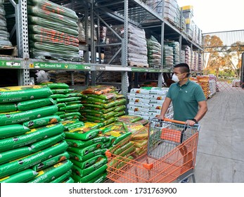 GOLETA, CA, USA - MAY 9,2020:  Home Depot Store Interior During The Covid19 World Pandemic With Man Shopping With A Protective N95 Mask.