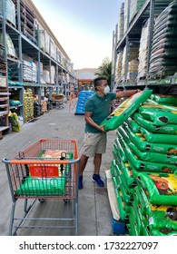 GOLETA, CA, USA - MAY 9,2020:  Home Depot Store Interior During The Covid19 World Pandemic With Man Shopping With A Protective N95 Mask.