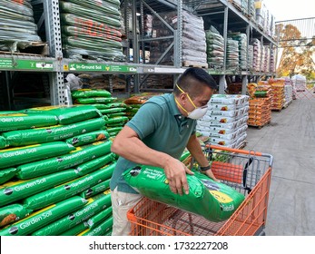 GOLETA, CA, USA - MAY 9,2020:  Home Depot Store Interior During The Covid19 World Pandemic With Man Shopping With A Protective N95 Mask.