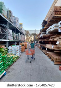 GOLETA, CA, USA - MAY 9,2020:  Home Depot Store Interior During The Covid19 World Pandemic With Man Shopping With A Protective N95 Mask.