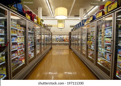 GOLETA, CALIFORNIA - JUL 12: Albertson's Supermarket Grocery Store Freezer/ Frozen Foods Aisle On July 12, 2011