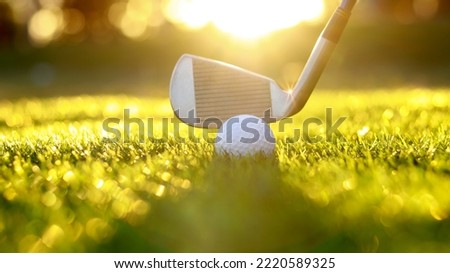 Golf ball close up on tee grass on blurred beautiful landscape of golf background. Concept international sport that rely on precision skills for health relaxation..	
