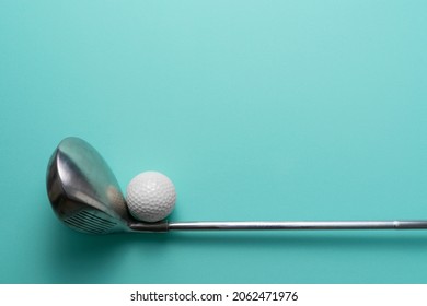 Golf Ball And Golf Club On Green Table Background, Flat Lay,  Sport Concept