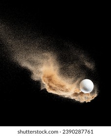 Golf ball explode from sand bunker. Golfer hit ball sand explosion in mid air. Golf club hit ball tee in sand bunker explosion. Black background isolated freeze motion