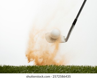 Golf ball explode from Tee off. Golfer hit ball with metal iron club to sand explosion on green. Golf club hit ball on green tee off with sand flying scatter. White background isolated