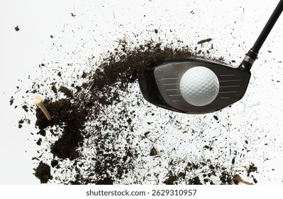 Golf ball explode from Tee off. Golfer hit ball with club to grass soil explosion on green. Golf club hit ball on green tee off with grass flying scatter. White background isolated