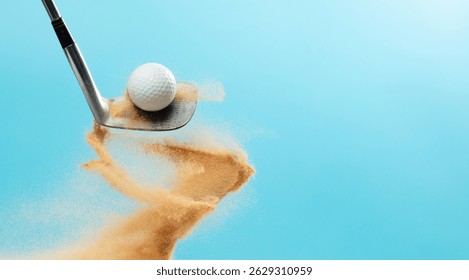 Golf ball explode from Tee off. Golfer hit ball with metal iron club to sand explosion on green. Golf club hit ball on green tee off with sand flying scatter. Blue Sky background isolated