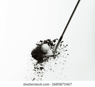 Golf ball explode from Tee off. Golfer hit ball with metal iron club to grass soil explosion on green. Golf club hit ball on green tee off with grass flying scatter. White background isolated