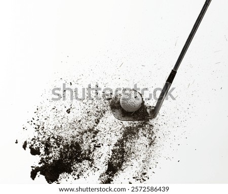 Golf ball explode from Tee off. Golfer hit ball with metal iron club to grass soil explosion on green. Golf club hit ball on green tee off with grass flying scatter. White background isolated