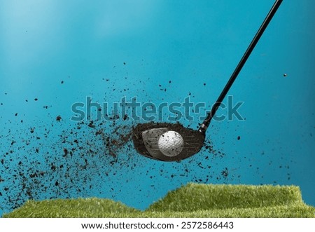 Golf ball explode from Tee off. Golfer hit ball with club to grass soil explosion on green. Golf club hit ball on green tee off with grass flying scatter. Blue sky background isolated