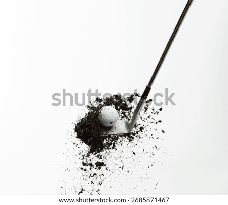 Golf ball explode from Tee off. Golfer hit ball with metal iron club to grass soil explosion on green. Golf club hit ball on green tee off with grass flying scatter. White background isolated