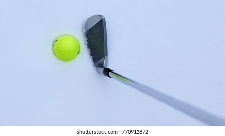 A golf ball and iron on the snow.