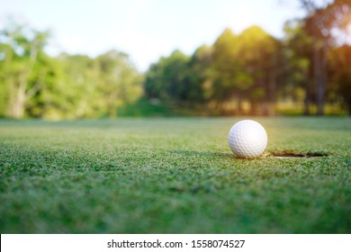 Golf ball on green in beautiful golf course at sunset background. White golf ball on green grass with sunlight background and lens flare effect.                                