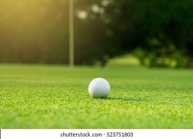 Golf Ball On Green Golf Course, Sunrise Morning Light.