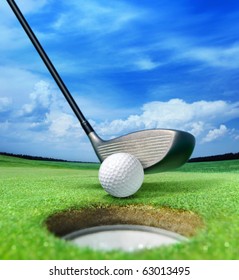 golf ball on lip near bunker, lovely beautiful golf course