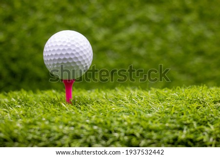 The golf ball is on the pink tee, and the green grass is the background. The golf ball is sitting on the tee, and the grass is behind it.