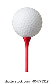 Golf Ball On Red Tee, Isolated On White